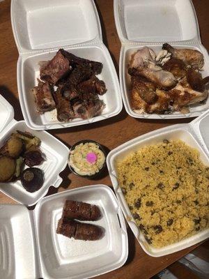 Left to right (longaniza, batata, costillas, pollo, arroz)