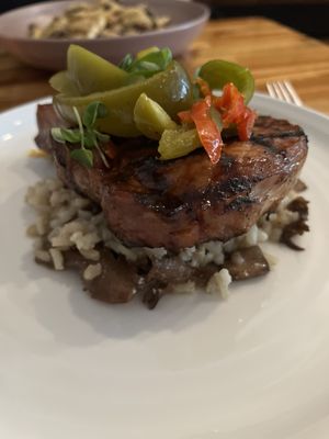 Pork chop agrodolce - I subbed with the mushroom risotto instead of polenta