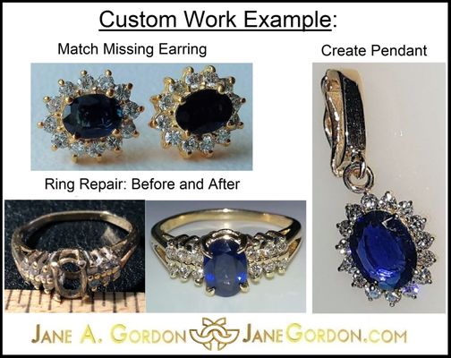 Repair, refresh, copy lost earring, create matching pendant.
 Jane@JaneGordon.com
 212-688-8600