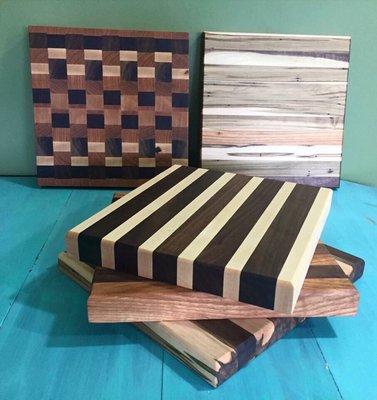 Local Handcrafted Butcher Block Cutting Boards. Walnut, cherry, wormwood,  hickory, figured curly maple, and quarter sawn curly red oak.