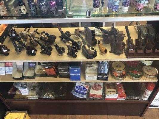 Smoke shop carries a large variety of traditional pipes, tobacco, and cigars.