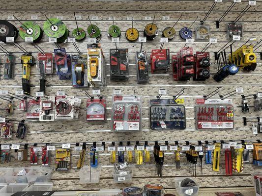 Tape measures, hex keys, stud finders, drill bits,staplers, grinder blades, and jig saw blades