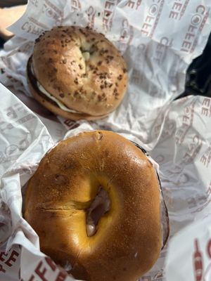 Left: Onion bagel with sausage, egg and cheese. Right: French toast bagel with strawberry cream cheese.