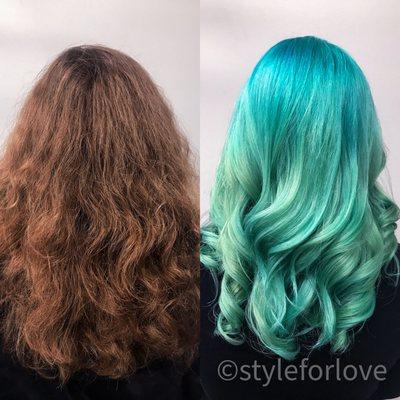 Global lightener, teal to sea foam vivid, cut and style.