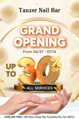 Join the GRAND OPENING of Tanzer Nail Bar from June 27th to July 14th, 2024 with a fabulous deal:
Up to