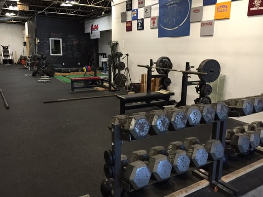 Dumbbells, power benches, and deadlift platforms