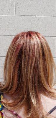 Red root shadow with golden highlights