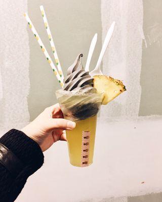 Float with La croix and pineapple soft serve (black soft serve for Halloween) $6 //follow @nycfoodlife