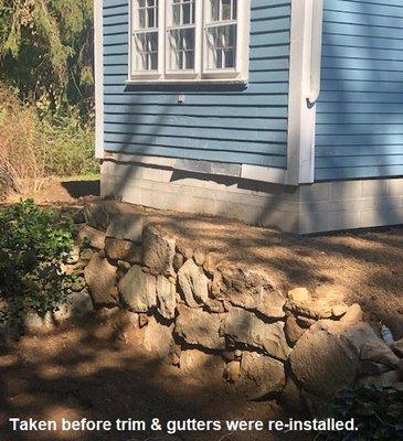 Foundation wall & stone wall replaced by St. Hilaire Masonary. Taken before trim & gutters were restored.