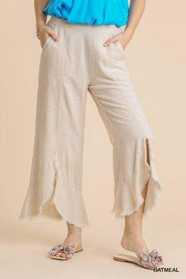 Linen Blend Wide Leg Pants w/Ruffle Hem. S,M,L. Oatmeal.