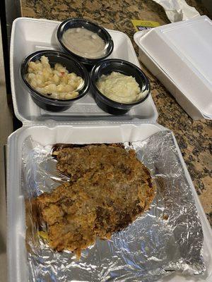 Chicken Fried Steak, mashed potatoes, gravy, Green Chili Hominy