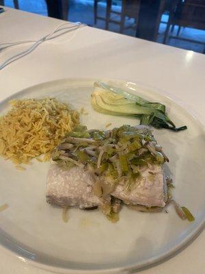 Mahi Mahi in parchment with leeks and mushrooms (so delish), sautéed garlic bok choy, and saffron basmati rice.