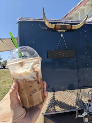 Turtle iced latte with oat milk... I already gulped it down before I took the pic.