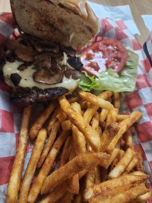 Mushroom and swiss burger with fries