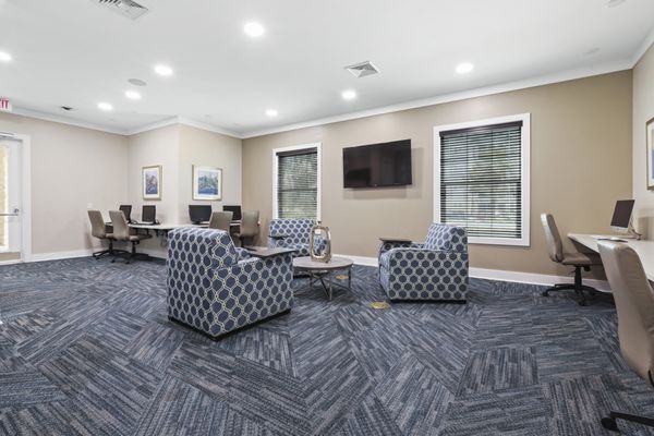 Image of Lantower Asturia's cybercafé with carpet floors, iMac computers, and Windows stations.