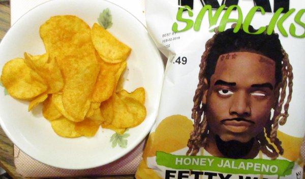 RAP Snacks Fetty Wap Honey Jalapeño potato chips. A 78g bag makes about 3 of these bowls.