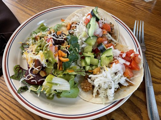 Our menu changes daily to steward our donations! Our Fiesta Fridays provide a healthy, delicious option-like this taco plate with salad!