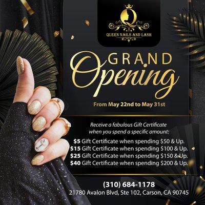 FREE Gift certificates up to $40
05/22 - 05/31
For our Grand Opening, get ready for special offers.