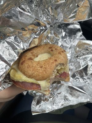 Pork roll egg cheese on Garlic GF bagel