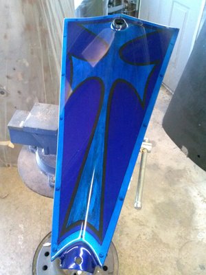 hand fabricated chopper tank, house of color true blue w/silver leaf, 3 coats candy blue finished with PPG 2021 clear