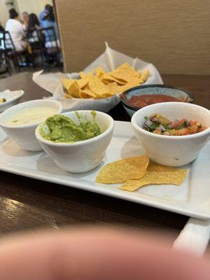 Queso, guacamole and pico appetizer