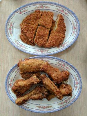 Tonkatsu (deep-fried pork cutlet) and lemon pepper wings.