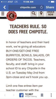 Chipotle appreciates teachers in May.