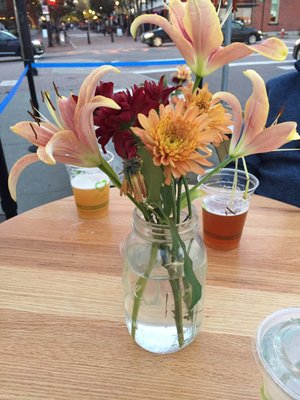 Waiting for pizza, enjoying the beer (Fiddlehead and Switchback) and lovely flowers