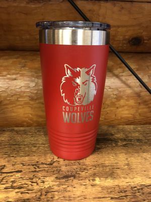 Laser engraved tumbler.