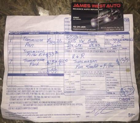 James West Auto invoice. Company denies ever servicing my car after I yelped I was being harassed and threatened by the owner.