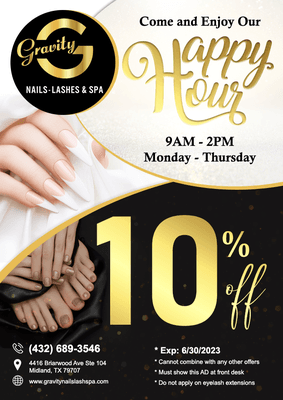 Come and Enjoy Our Happy Hour 15% OFF

https://gravitynailslashspa.com/