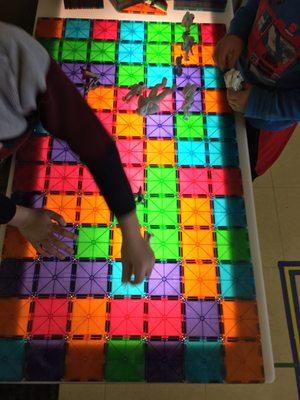 Building flat or upright with these magnetic tiles is a favorite activity. Accessories are included as to what we are currently studying.