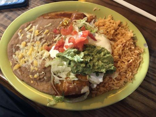 Chicken chimichanga lunch special, with rice and beans