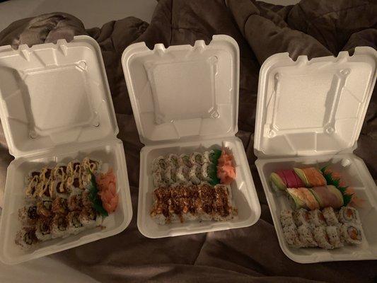 Spicy tuna roll, eel roll, California roll, temptation roll, rainbow roll, salmon roll