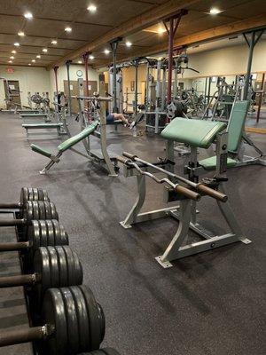 Weight lifting equipment on the lower level.