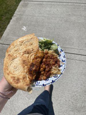 Kebab, rice & beans, naan, salad and yummy sauces