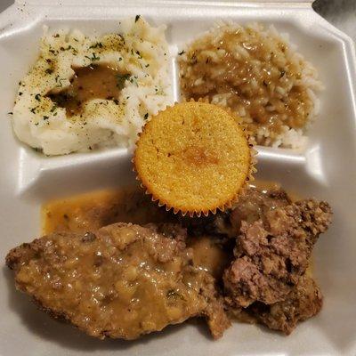 Meatloaf, white rice with brown gravy, mashed potatoes and sweet cornbread.