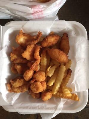 Scallops & Shrimp combo w/ fries & hushpuppies.