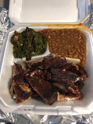 Beef ribs with collards and baked beans