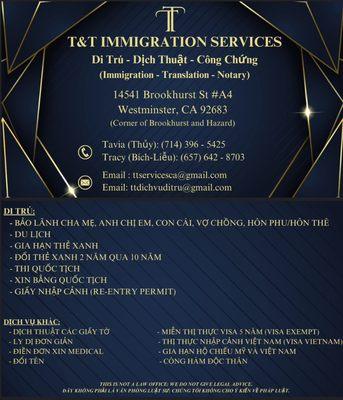 T&T Immigration Services business card