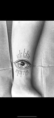 Work by Christine :)  Open Third Eye Fine line art Black work  Dot work