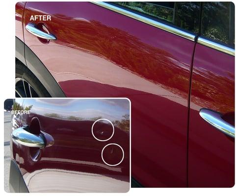 Before and After dent and scratch removal on a Mini Cooper. Reno NV.