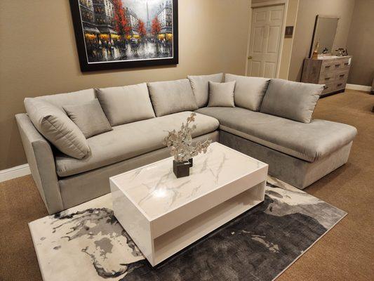 The Empire is two piece sectional that comes with a left or right facing chase. Good for medium size rooms. Simple and not too crazy.