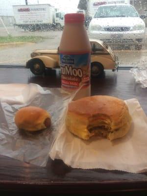 Tiny pig in a blanket, sausage cheese and egg sandwich with chocolate milk!