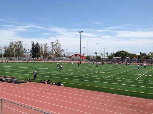 View of the soccer field from the stands.