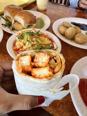 Paneer kathi roll, vada pav, samosa chat, kachori