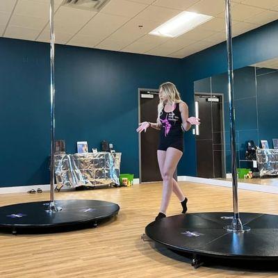 Kilo Kitty Buhrmaster (owner) and her 2 portable Stage Poles makes traveling fun! Beginner pole classes in Greenville, SC.