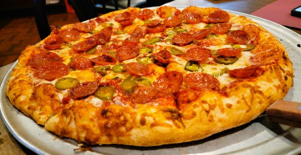 Large Pepperoni & Jalapeño - Note how the pepperoni is on top of the cheese, not baked into it.