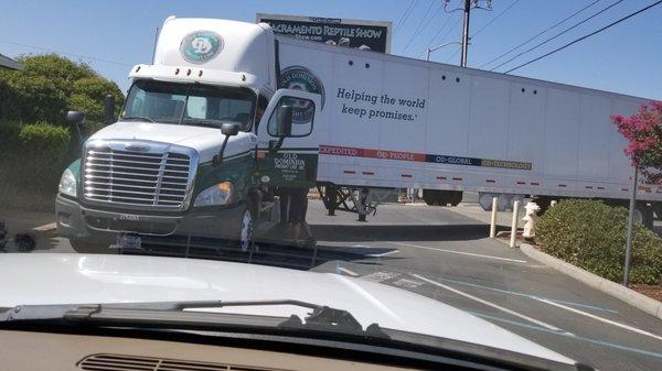 On September 10,2019 at 12:45pm Old Dominion Freight line truck with trailer try to make U Turn on our property