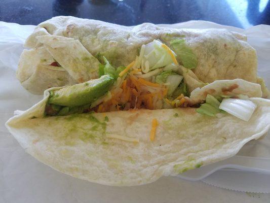 Veggie Burrito-Rice, beans, cheese, lettuce, tomato, avocado